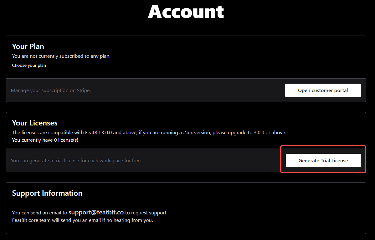 Generate trial license button